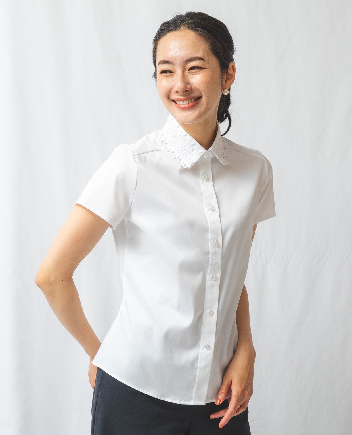 衿レース半袖シャツ(2(L)11号 ホワイト): ナラカミーチェ｜ナラ