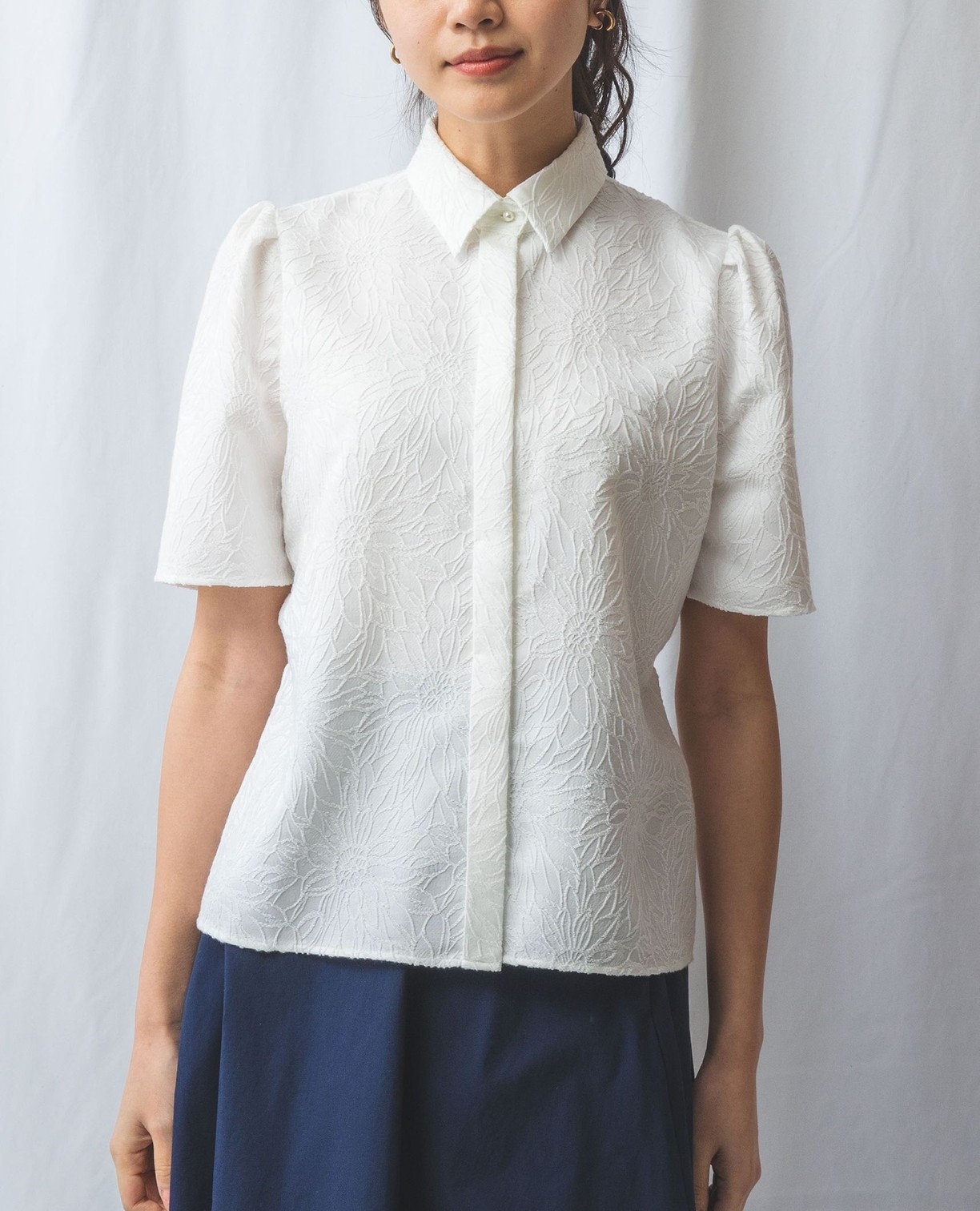 NARACAMICIE】フラワージャガード半袖シャツ(1(M)9号 ホワイト): ナラ 