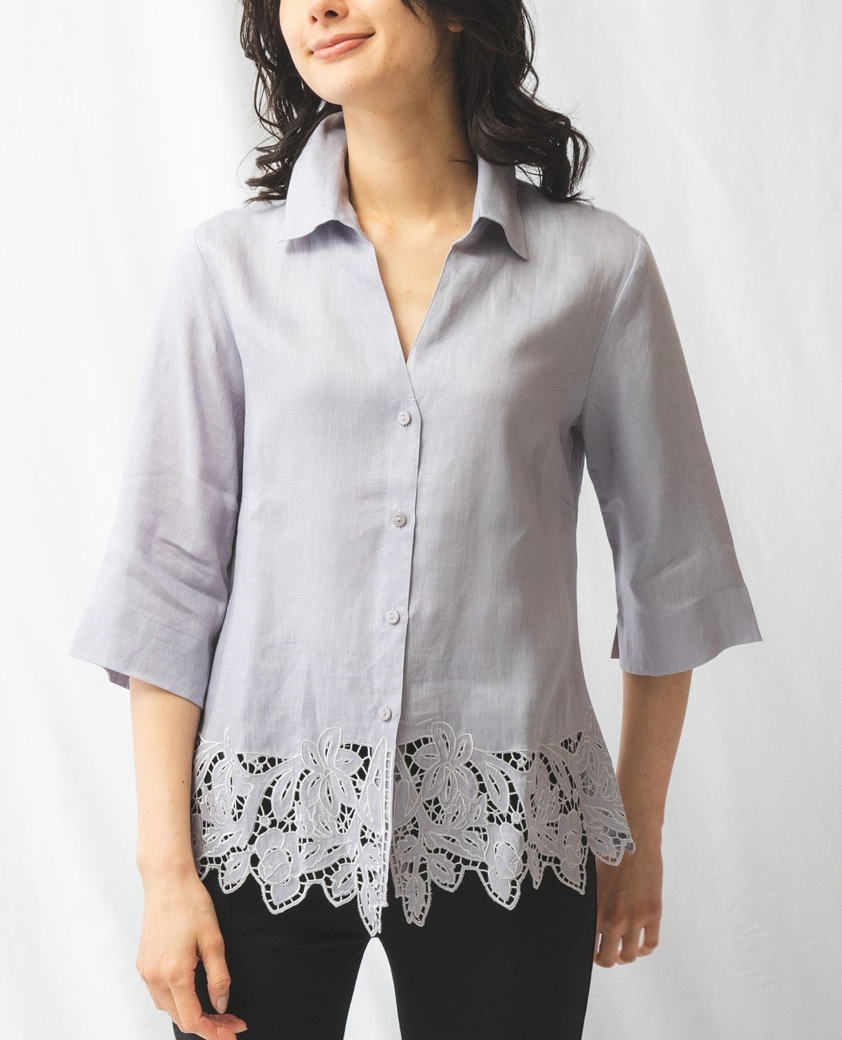 麻裾カットワークレースシャツ(0(S)7号 グレー): ナラカミーチェ｜ナラ 