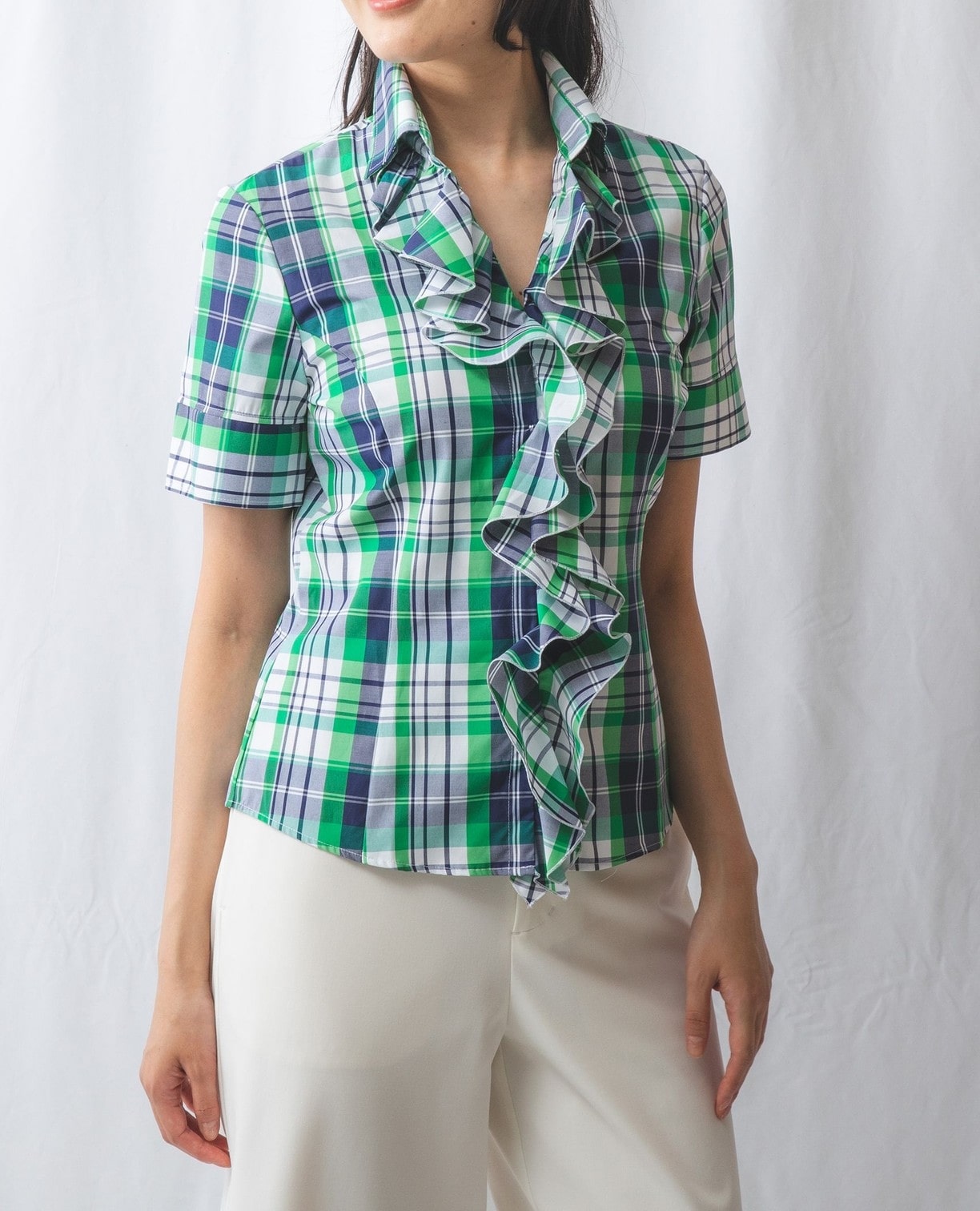 サマーチェック襟付きフリル半袖シャツ(1(M)9号 グリーン): ナラカミーチェ｜ナラ カミーチェ公式オンラインストア NARACAMICIE