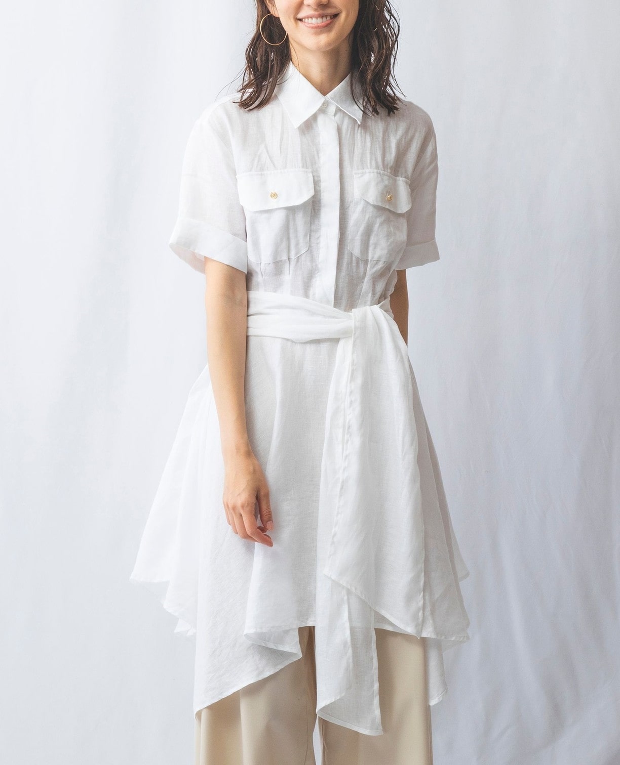 麻ウエストリボン半袖チュニックシャツ(2(L)11号 ホワイト): ナラ