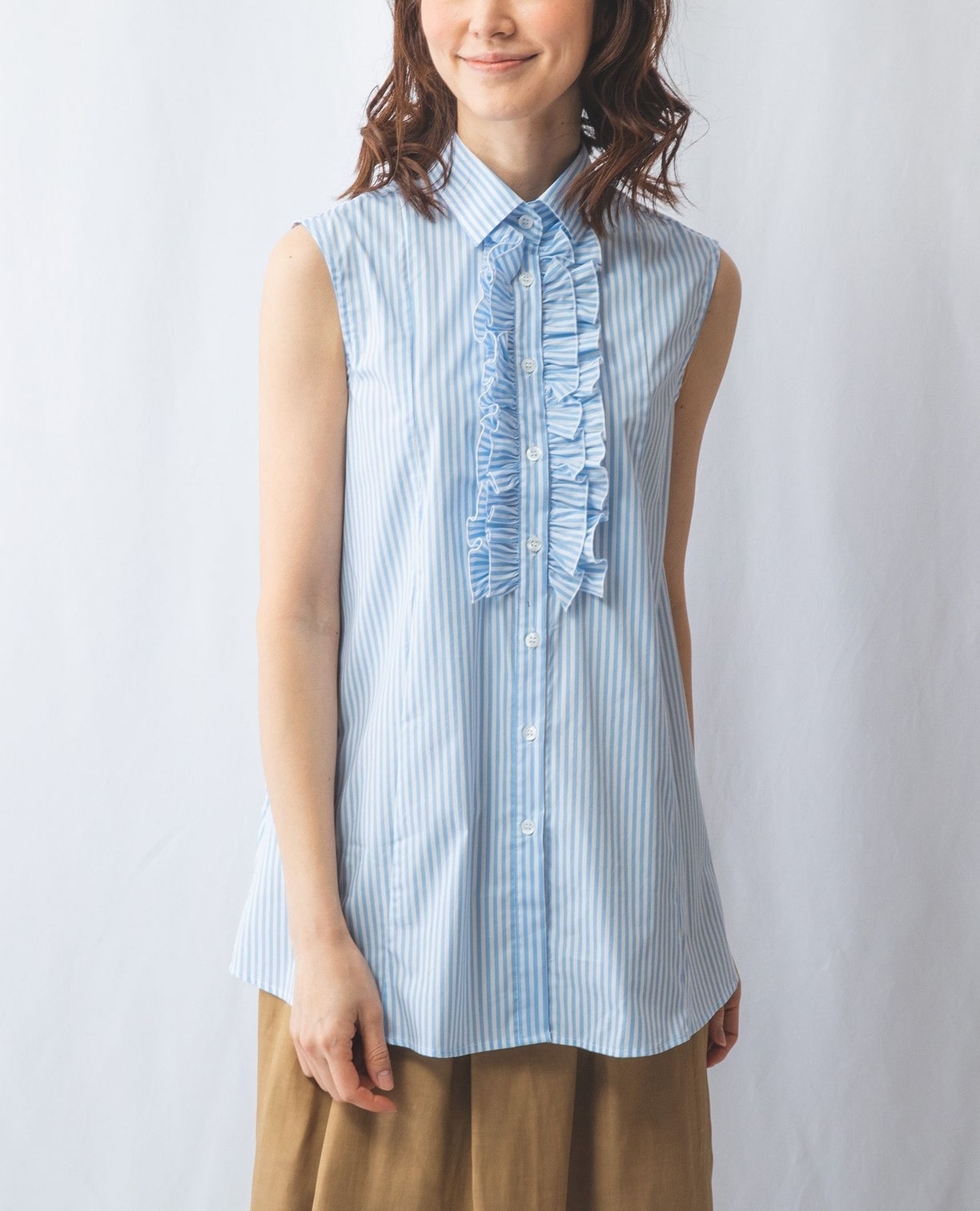 NARACAMICIE】ストライプダブルフリルノースリーブシャツ(1(M)9号 