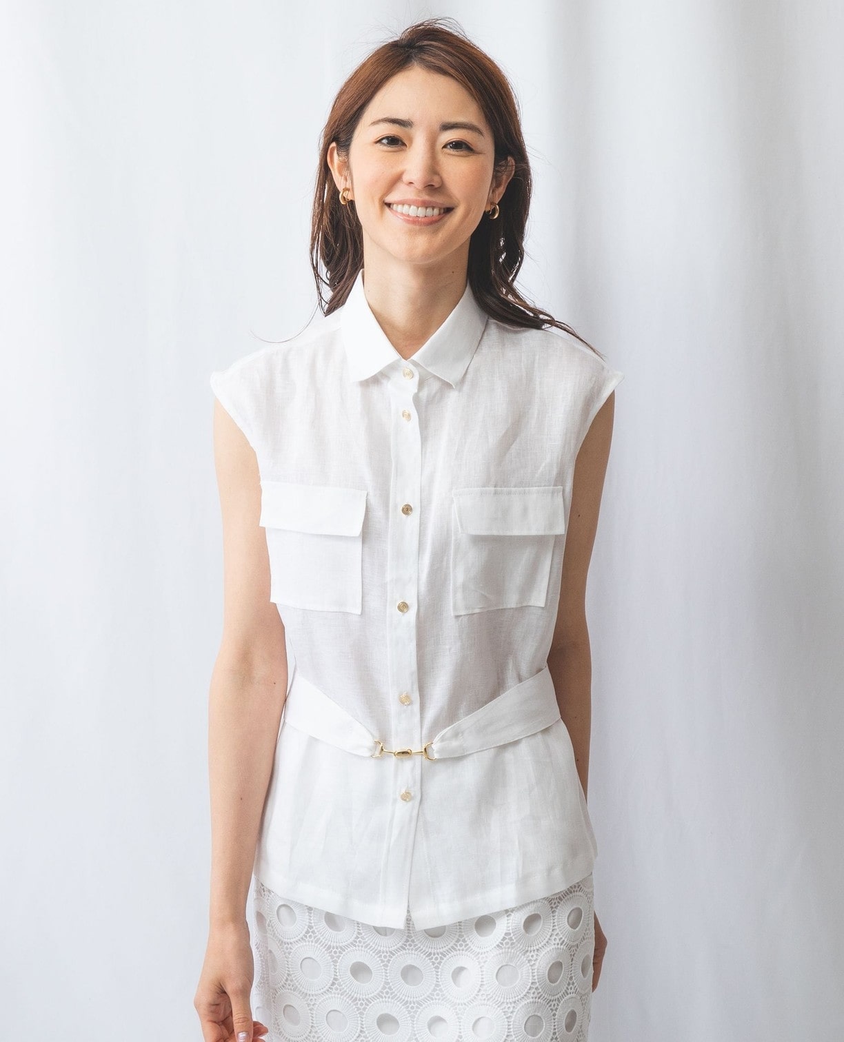 麻ダブルポケットノースリーブシャツ(1(M)9号 ホワイト): ナラ 